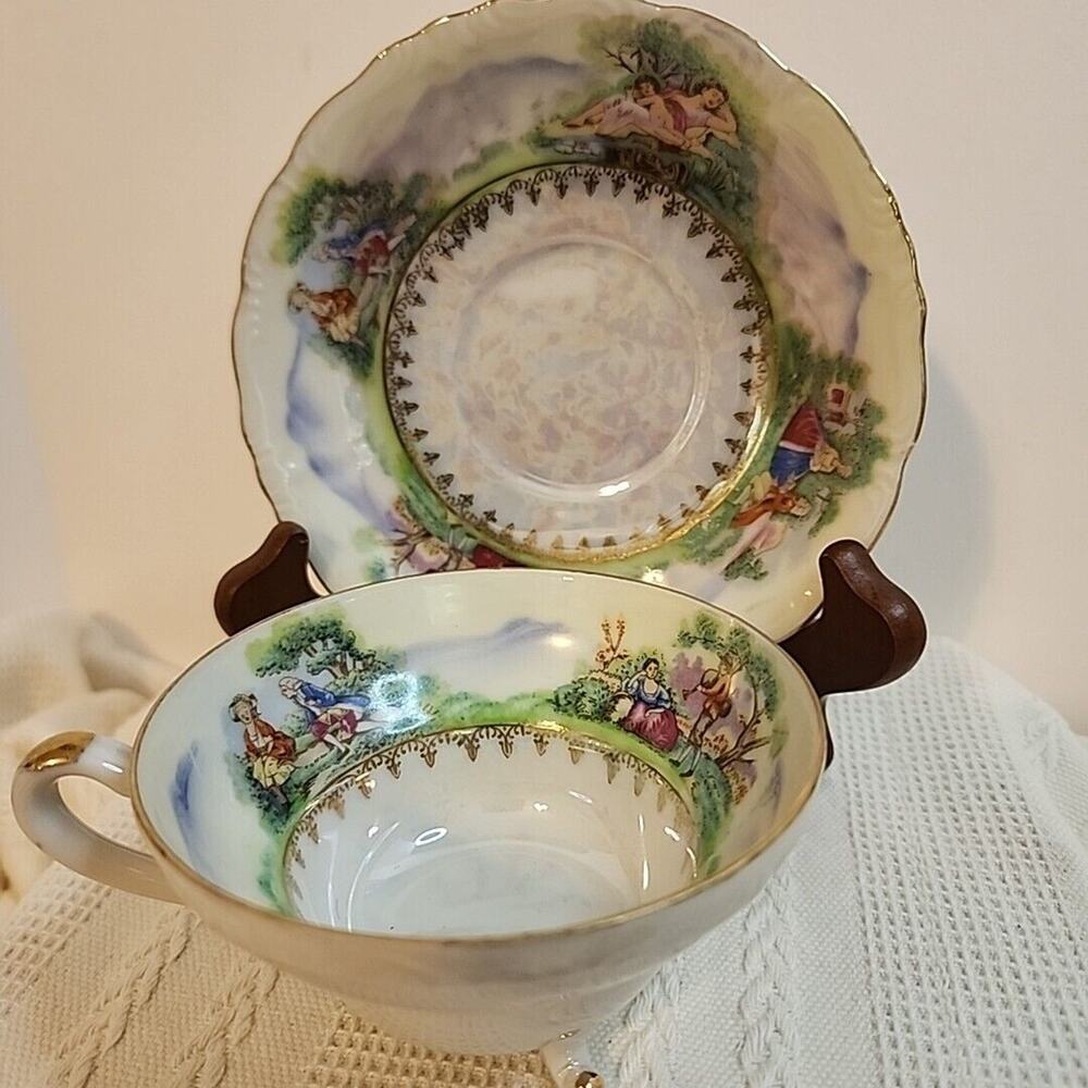 VTG Del Mar Japan Lustreware  Cup and Saucer Footed 24K Gold Trim Pastoral scene